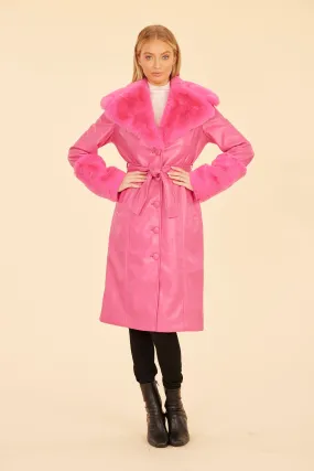 Faux Leather Trench Coat with Faux Fur Trim