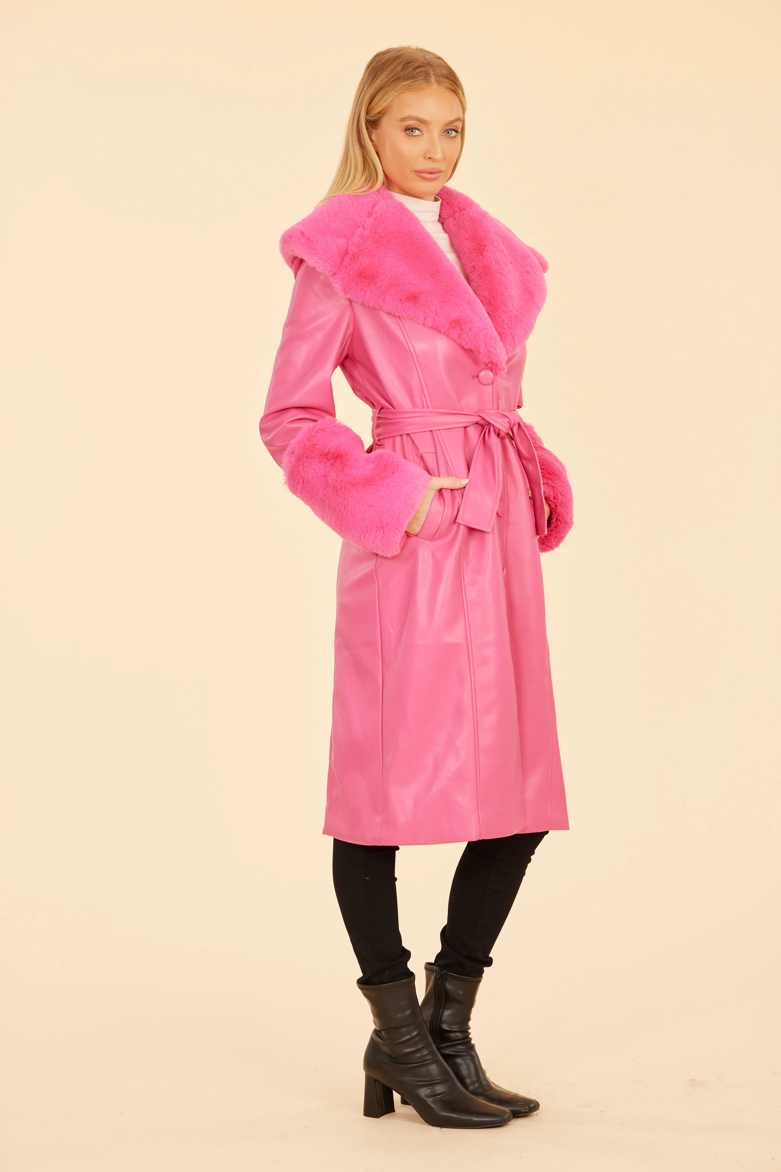 Faux Leather Trench Coat with Faux Fur Trim