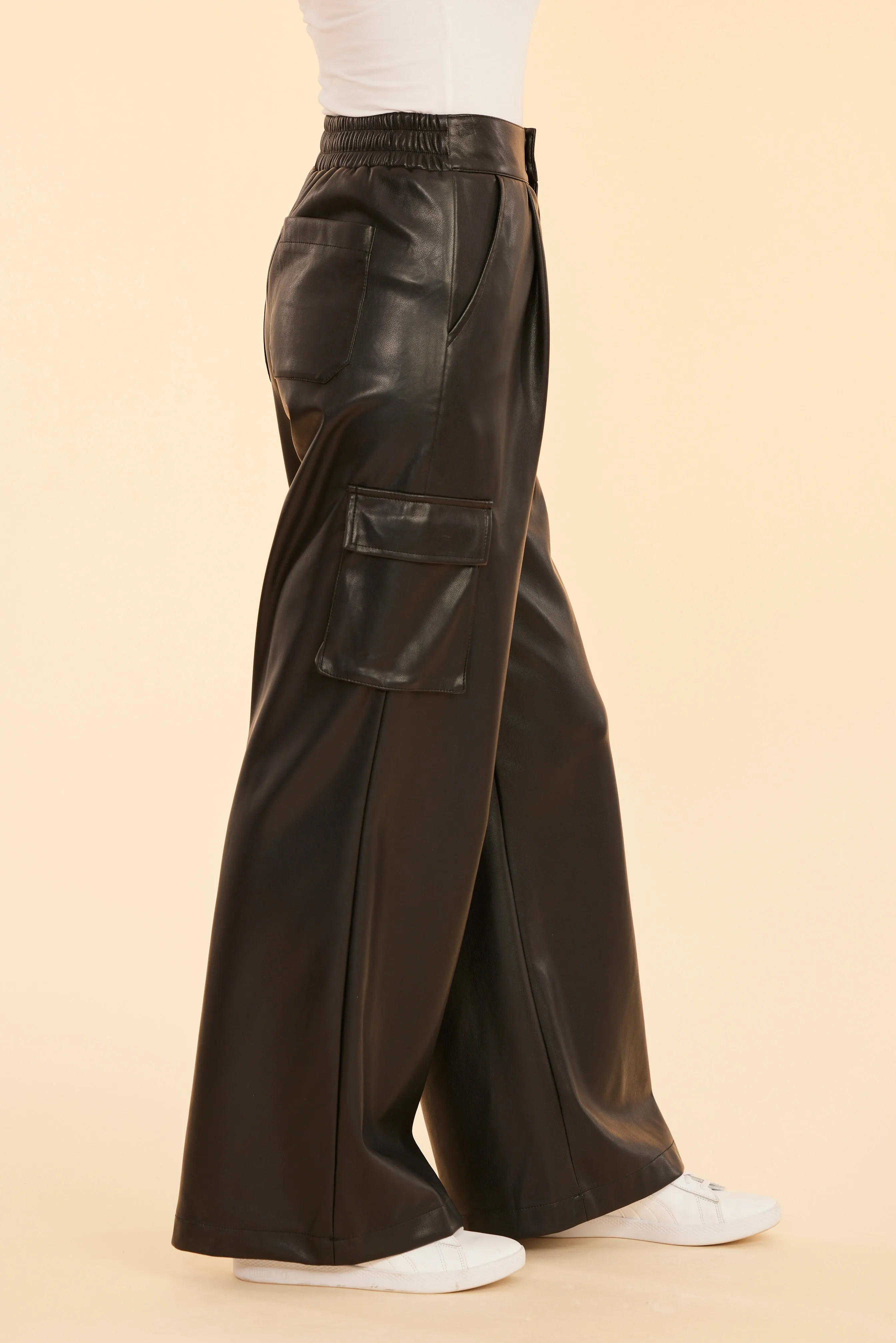 Faux Leather Wide Leg Cargo Pants