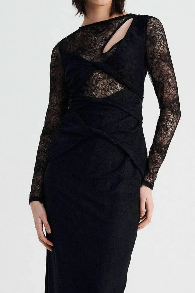 Gemini Long-sleeve Twist Front Lace Maxi Dress