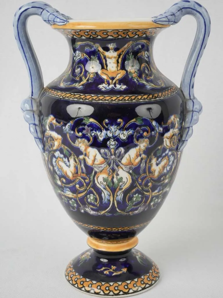 Gien Medici Renaissance-style decorative urn - midnight blue w/ cherubs 11½"