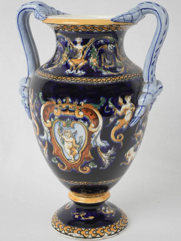 Gien Medici Renaissance-style decorative urn - midnight blue w/ cherubs 11½"