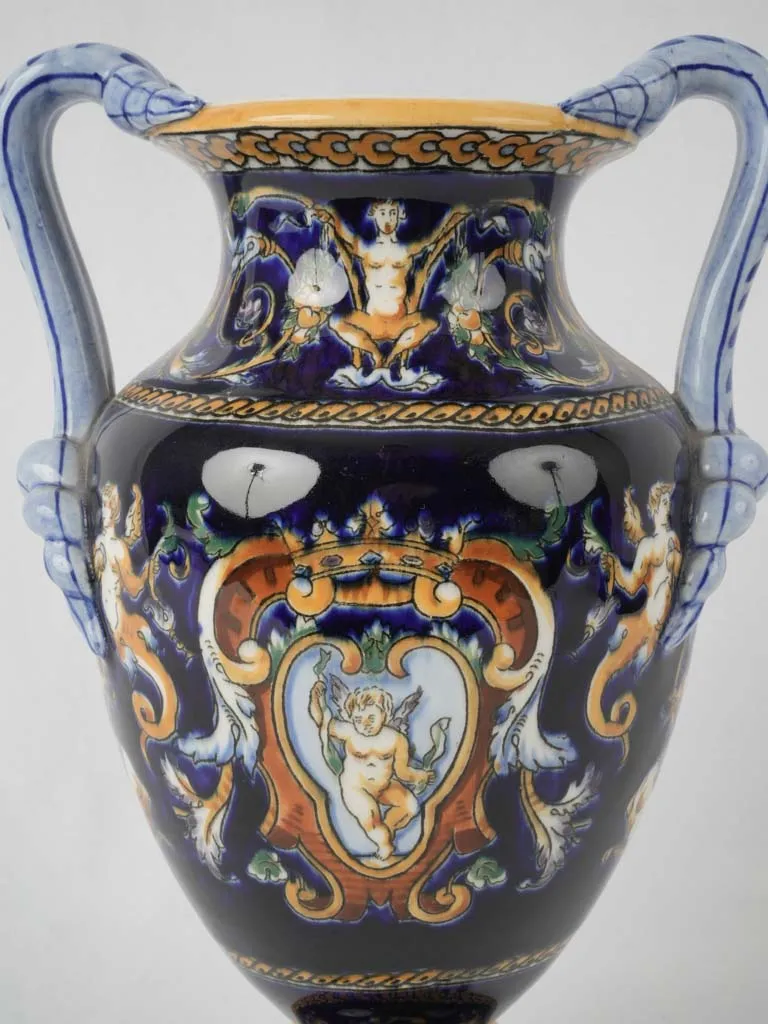 Gien Medici Renaissance-style decorative urn - midnight blue w/ cherubs 11½"