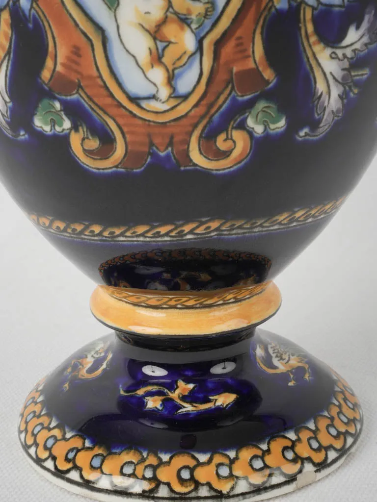 Gien Medici Renaissance-style decorative urn - midnight blue w/ cherubs 11½"