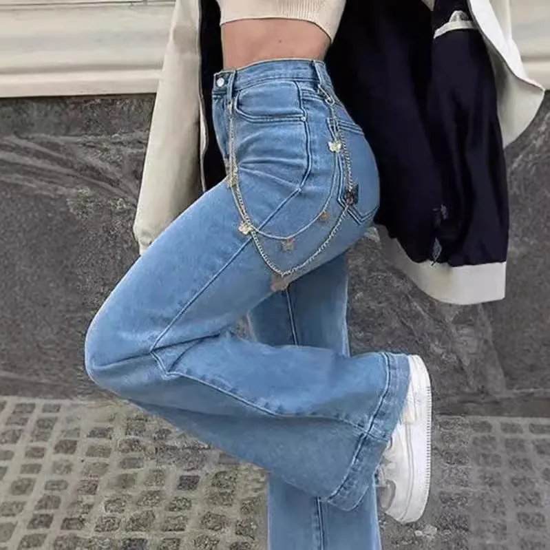 Girlary-shop outfit Women's Jeans Mid-Waist Blue Denim Elegant Commuter Flared Pants Dark Trousers for Women