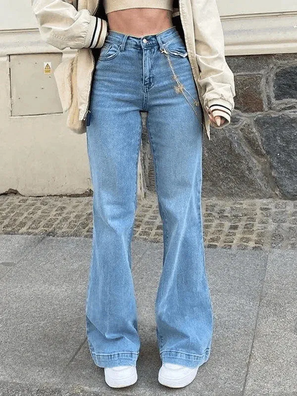 Girlary-shop outfit Women's Jeans Mid-Waist Blue Denim Elegant Commuter Flared Pants Dark Trousers for Women