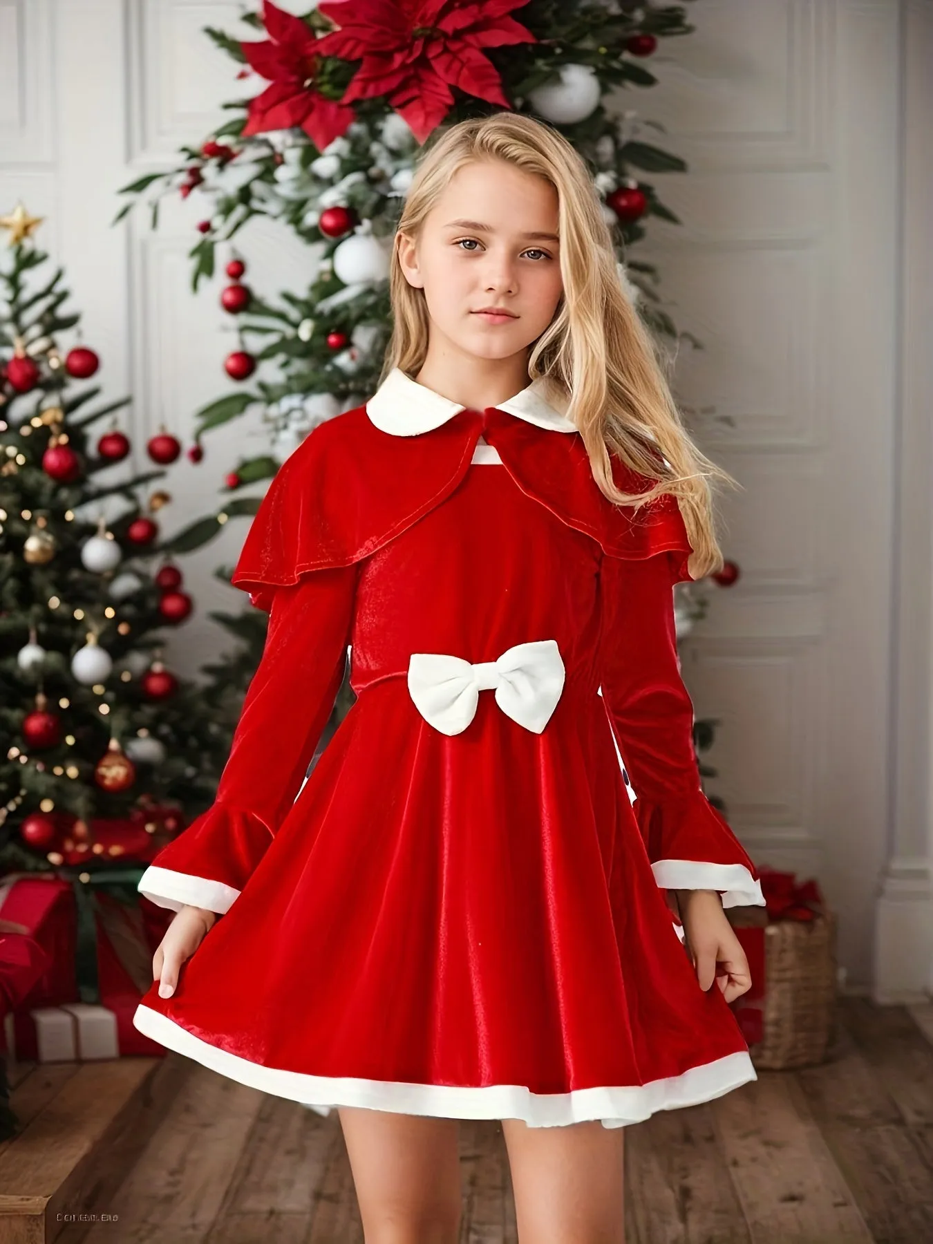 Girls 2-piece Christmas Style Flared Sleeve Color Block Long Sleeve Dress   Shawl Set, Elegant And Stylish For Autumn And Winter Outdoor Party Wear