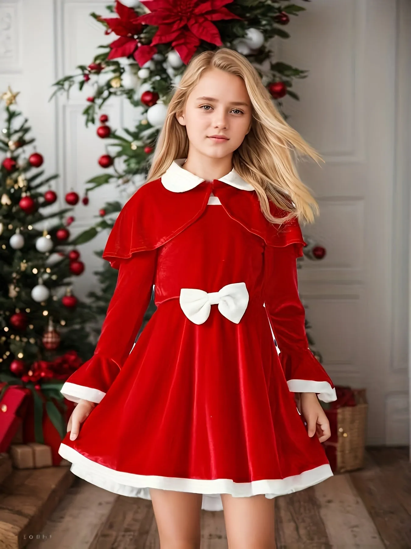 Girls 2-piece Christmas Style Flared Sleeve Color Block Long Sleeve Dress   Shawl Set, Elegant And Stylish For Autumn And Winter Outdoor Party Wear