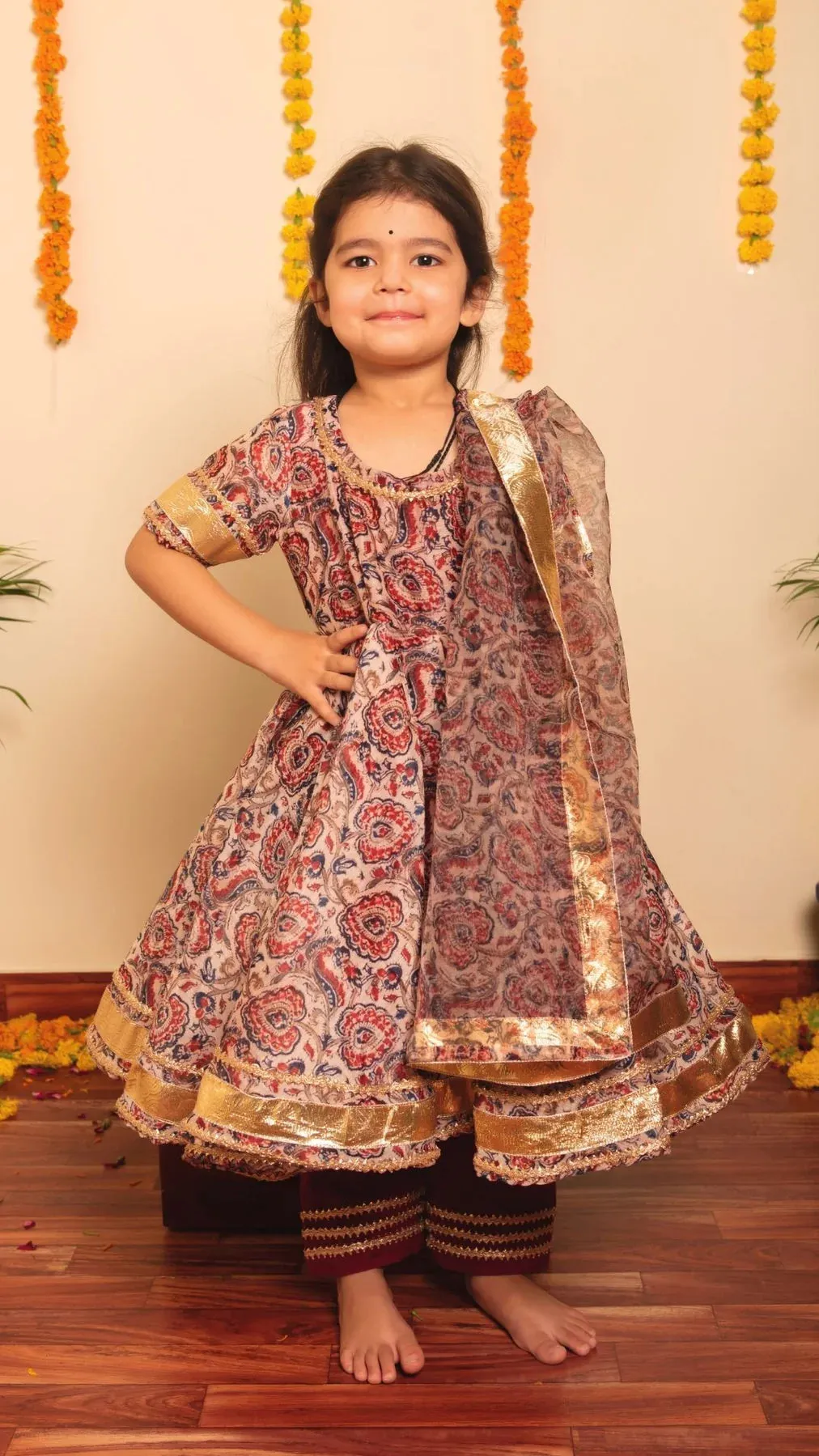 Girls Burgundy Printed Anarkali Set with Organza Dupatta