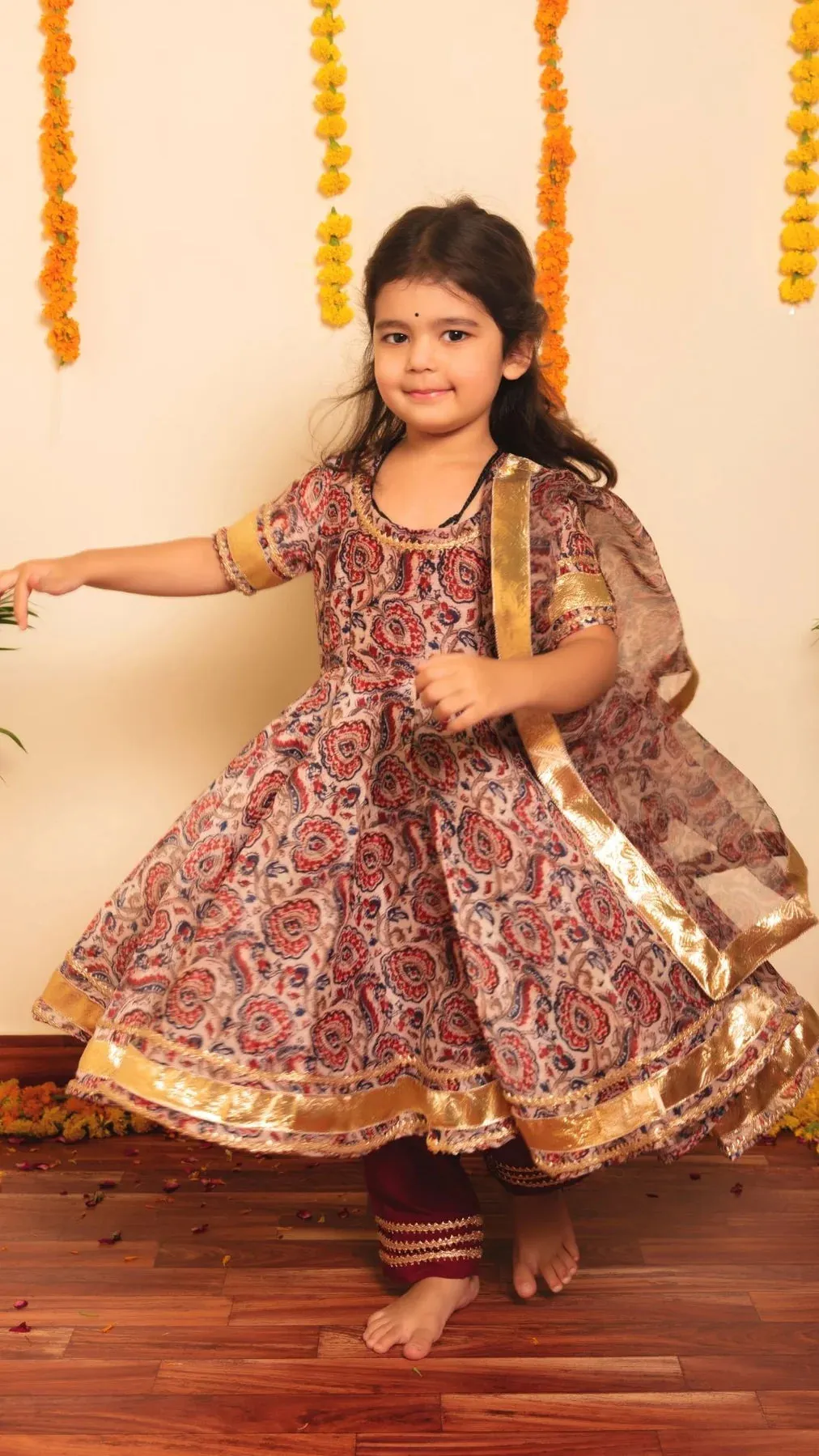 Girls Burgundy Printed Anarkali Set with Organza Dupatta