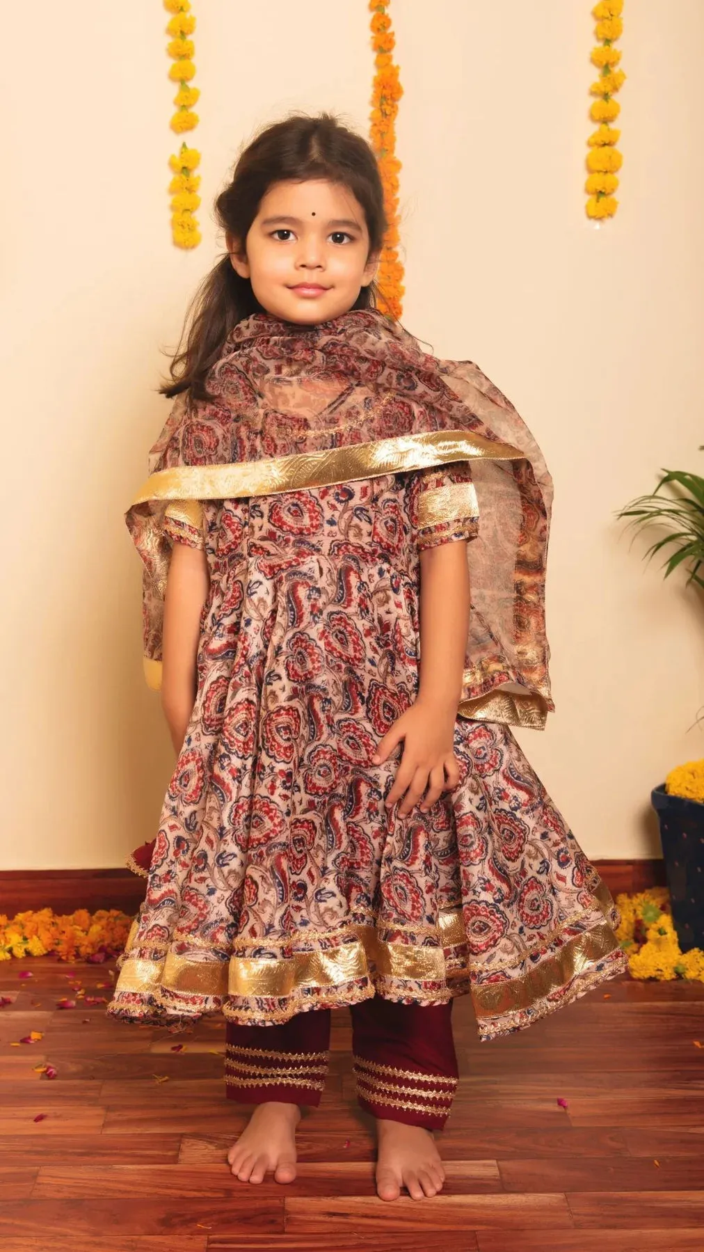 Girls Burgundy Printed Anarkali Set with Organza Dupatta