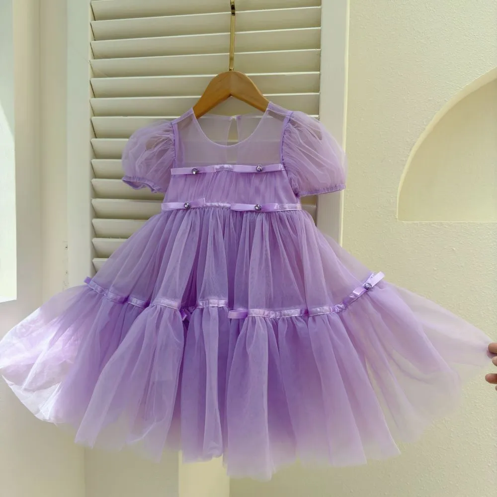 Girls Dress Summer New Children's Western Style Puff Sleeve Tulle Skirt Baby Girl Super Fairy Puffy Gauze Princess Dress