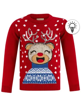 Girl's Joy Vixen LED Light Up Novelty Christmas Jumper in George Red - Merry Christmas Kids (4-12yrs)