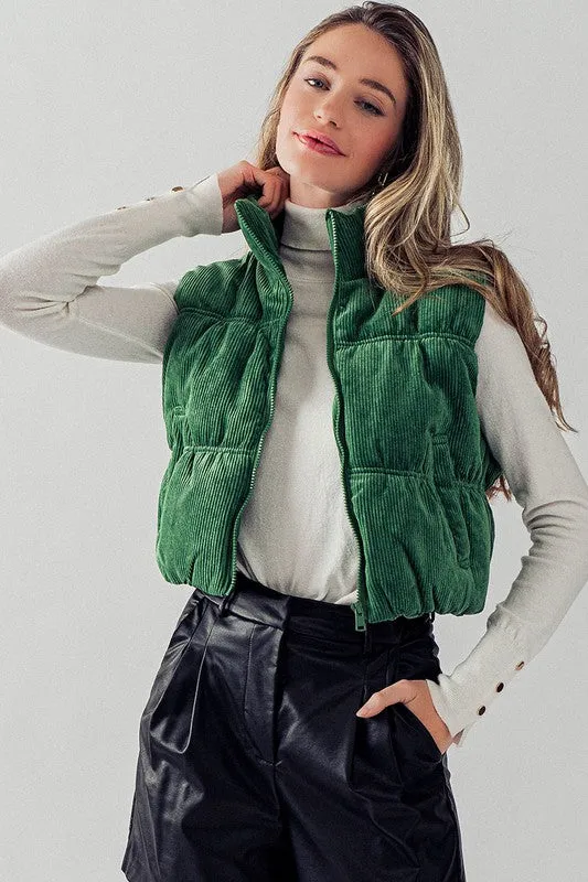 Green Stand Collar Cropped Corduroy Puffer Vest