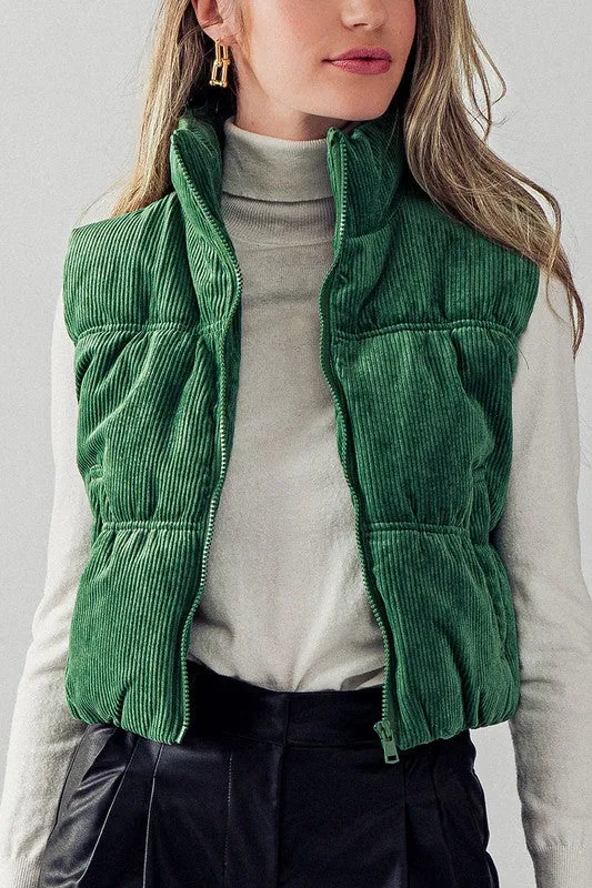 Green Stand Collar Cropped Corduroy Puffer Vest