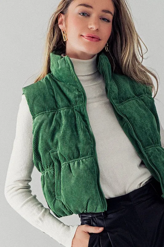 Green Stand Collar Cropped Corduroy Puffer Vest