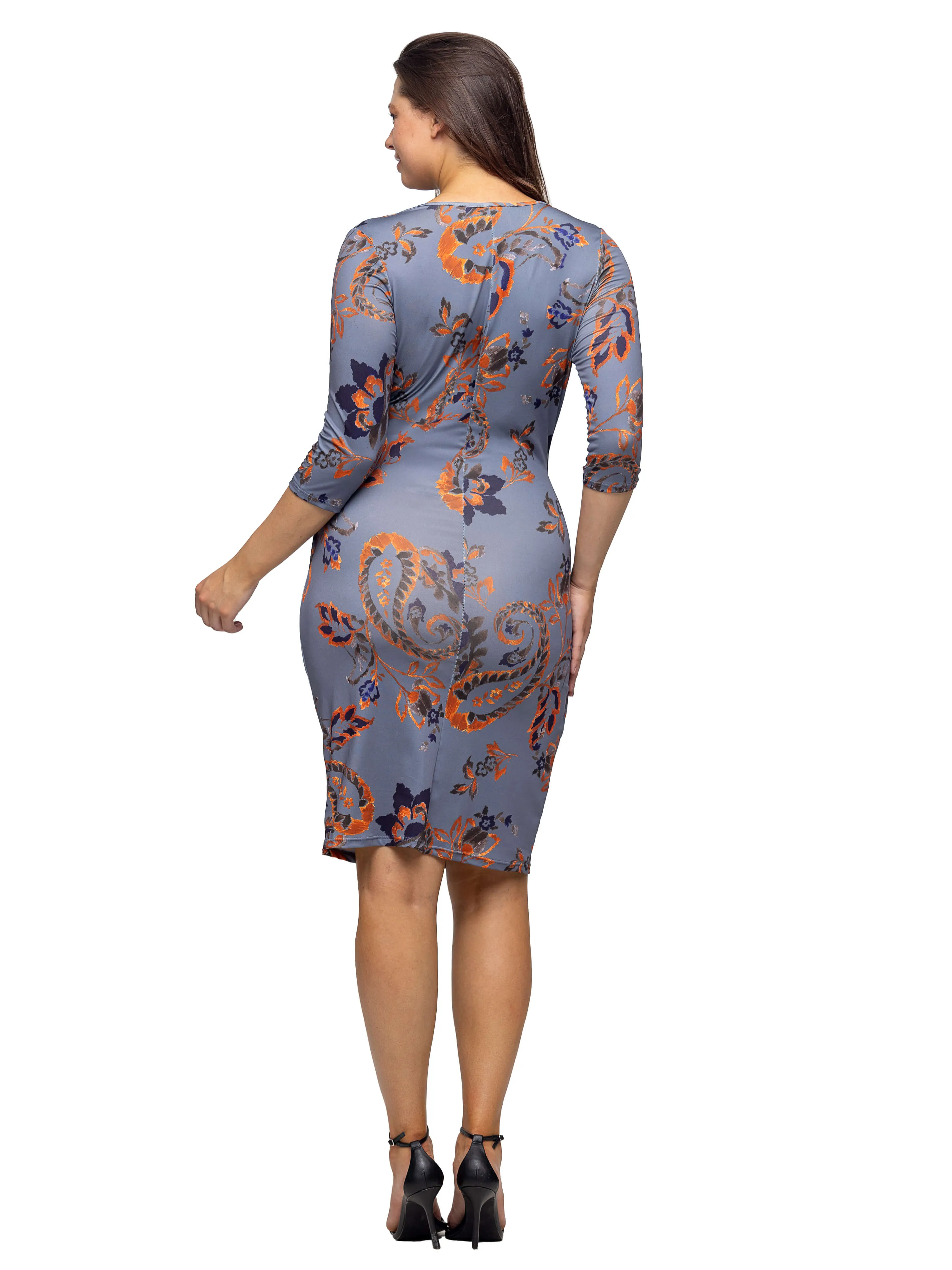 Grey Print Three Quarter Sleeve Faux Wrap Dress