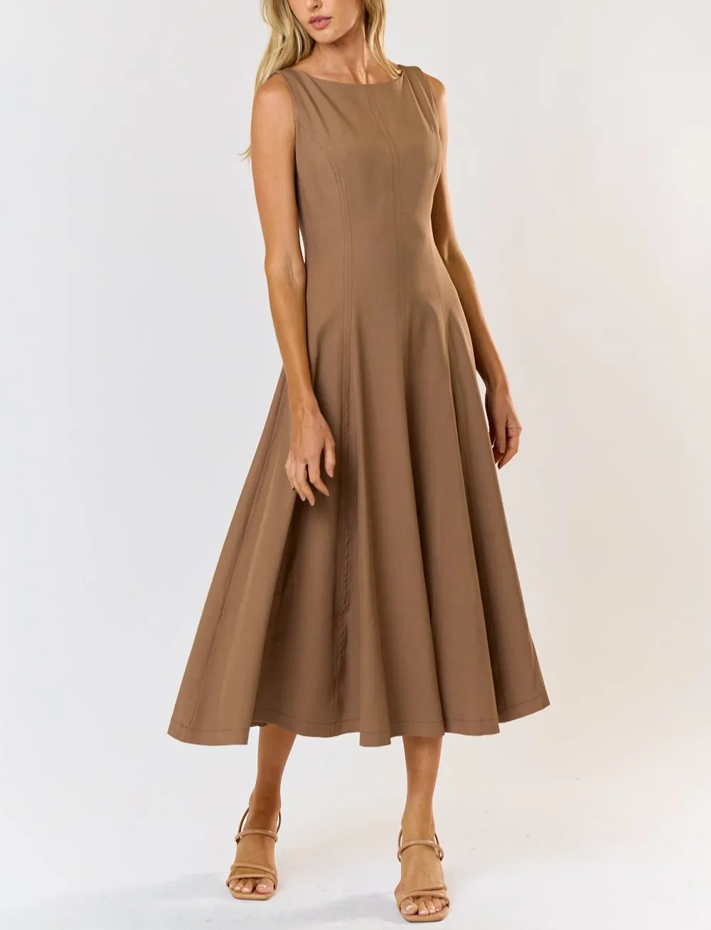 Hazlenut Cinched and Sleeveless Flare Bottom Dress