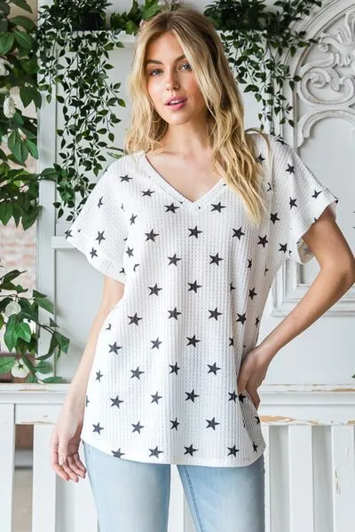 Heimish Star Print V-Neck Waffle Knit T-Shirt