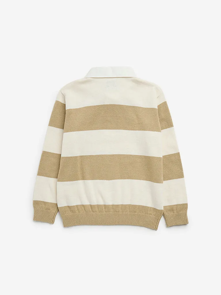 HOP Kids Beige Striped Knitted Collared Cotton Sweater