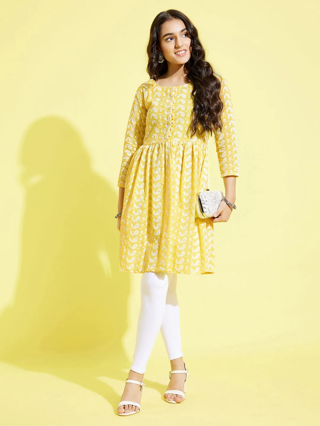 Jashvi Girls Mustard Pure Cotton Chikankari kurta With Leggings Set