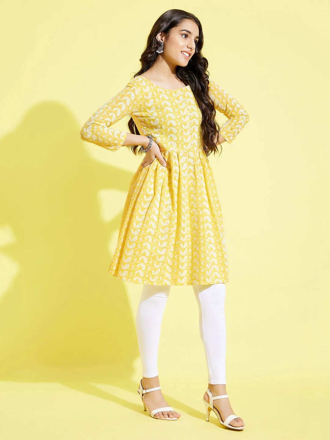 Jashvi Girls Mustard Pure Cotton Chikankari kurta With Leggings Set