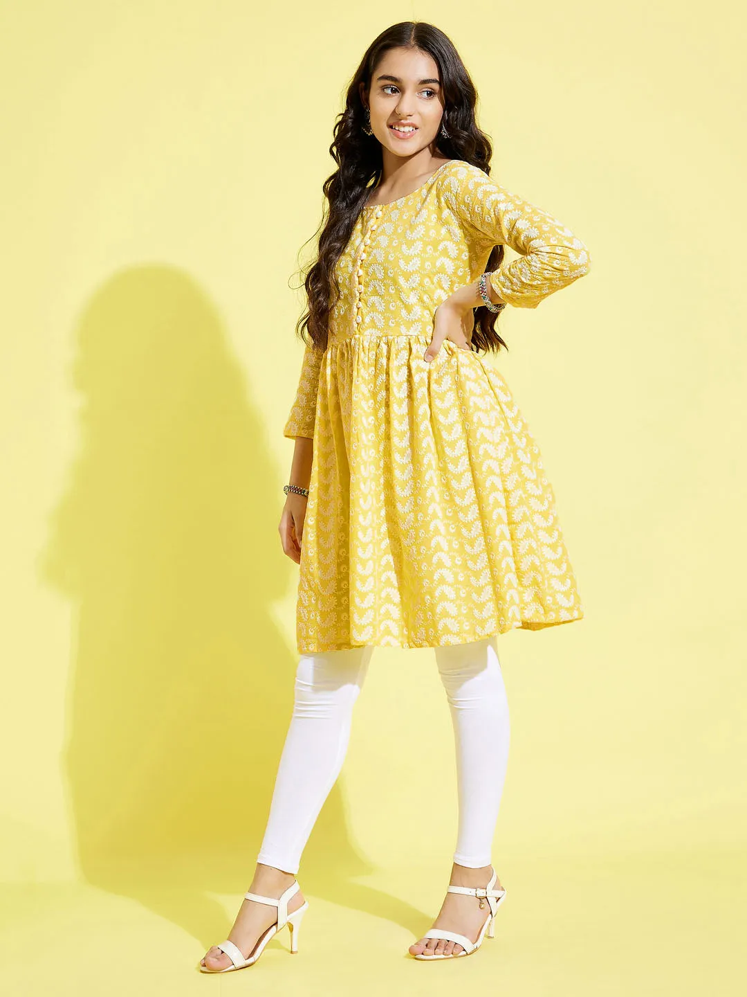 Jashvi Girls Mustard Pure Cotton Chikankari kurta With Leggings Set