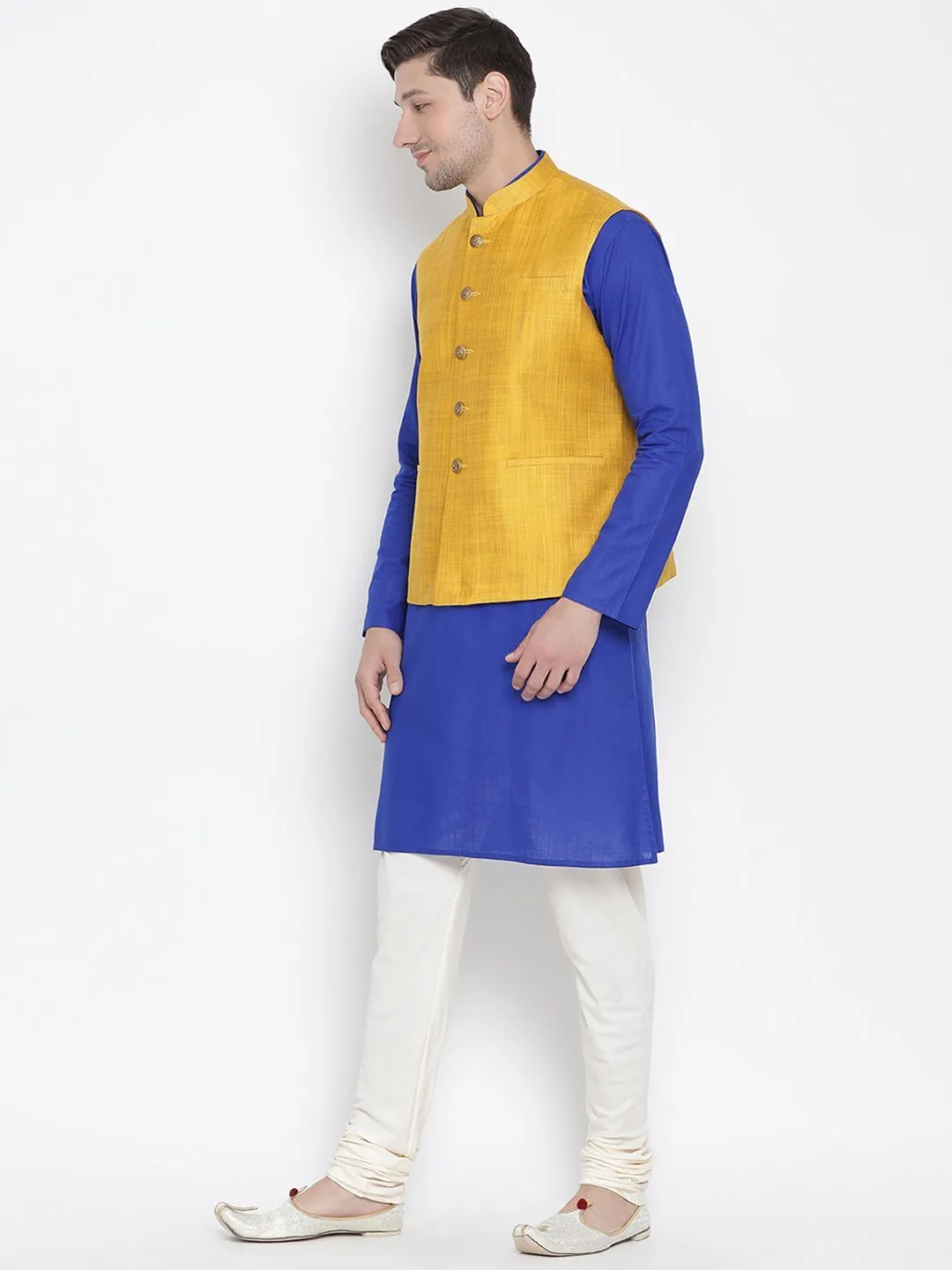 Jashvi Men's Blue Cotton Blend Kurta, Ethnic Jacket and Pyjama Set