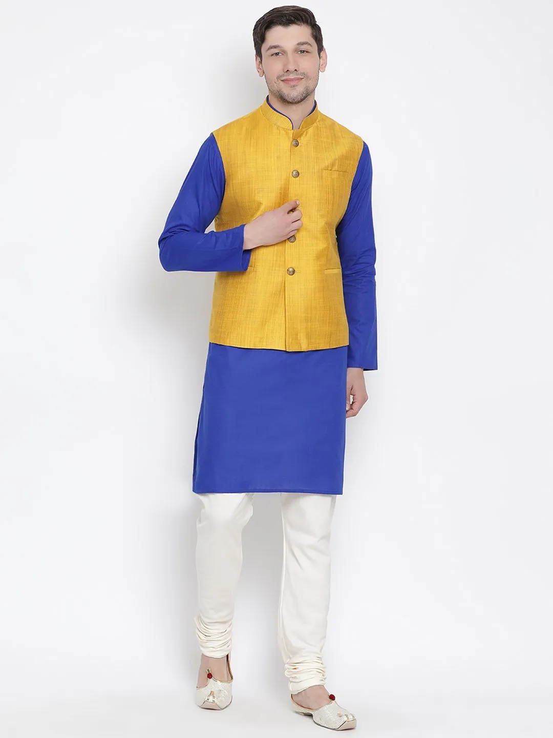 Jashvi Men's Blue Cotton Blend Kurta, Ethnic Jacket and Pyjama Set