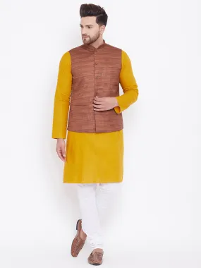 Jashvi Men's Coffee Brown, Mustard And White Cotton Blend Jacket, Kurta and Pyjama Set