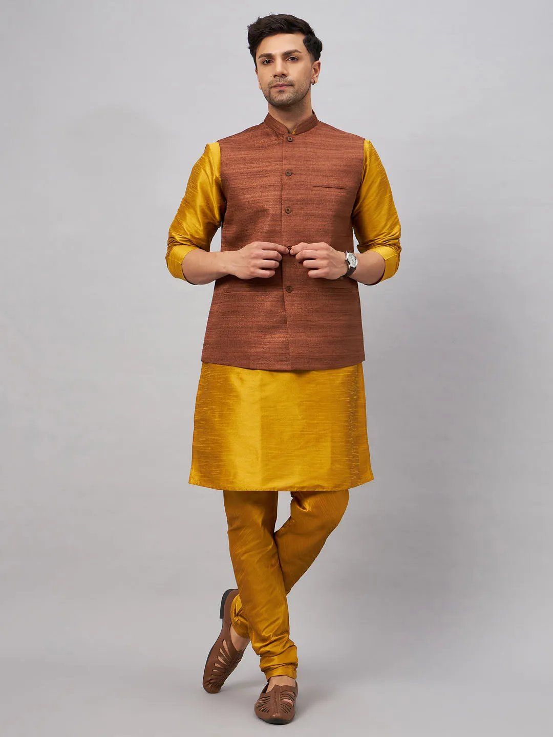 Jashvi Men's Coffee Jacket With Mustard Kurta And Pyjama Set