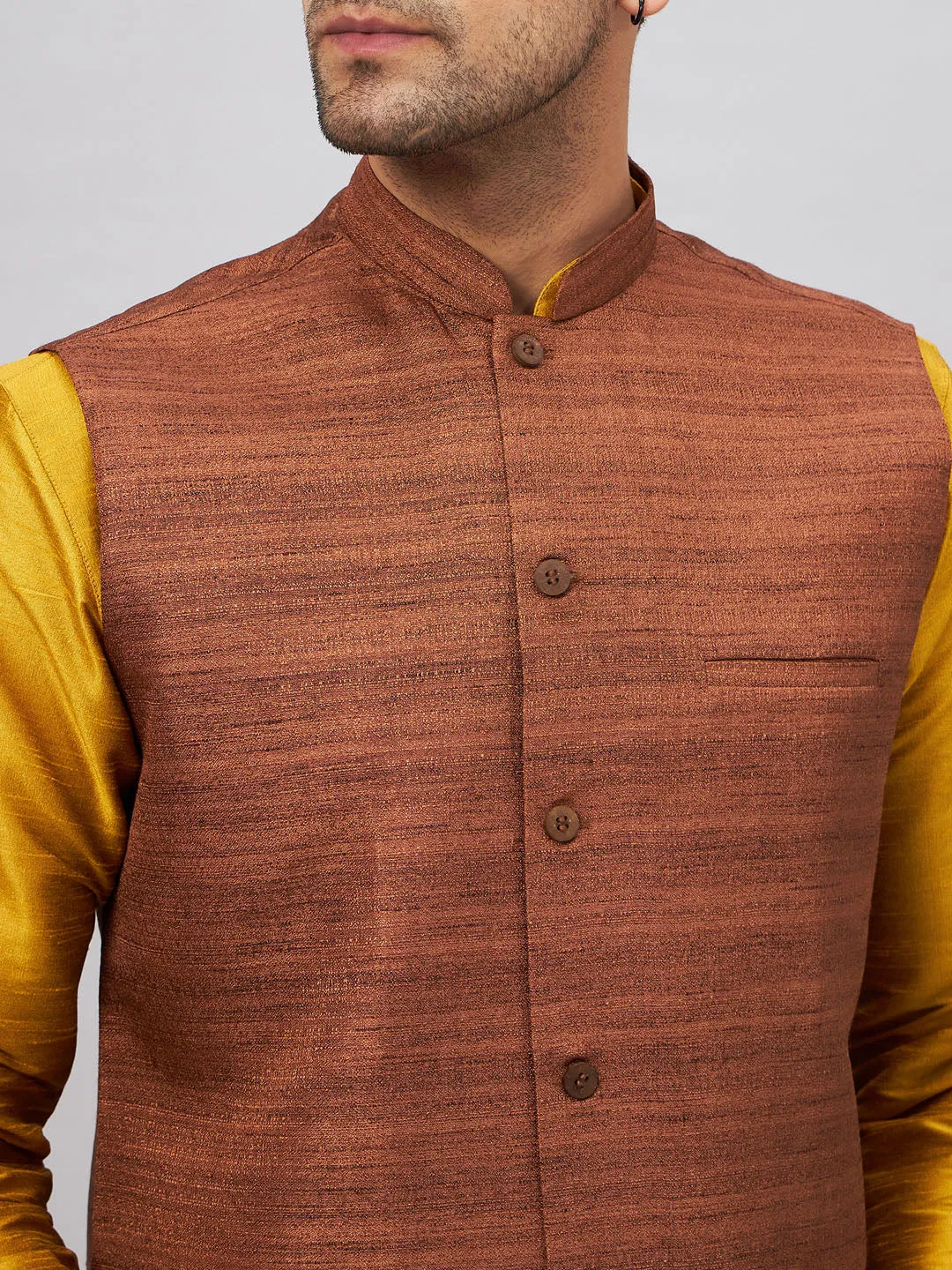 Jashvi Men's Coffee Jacket With Mustard Kurta And Pyjama Set