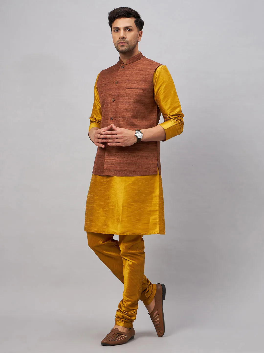 Jashvi Men's Coffee Jacket With Mustard Kurta And Pyjama Set