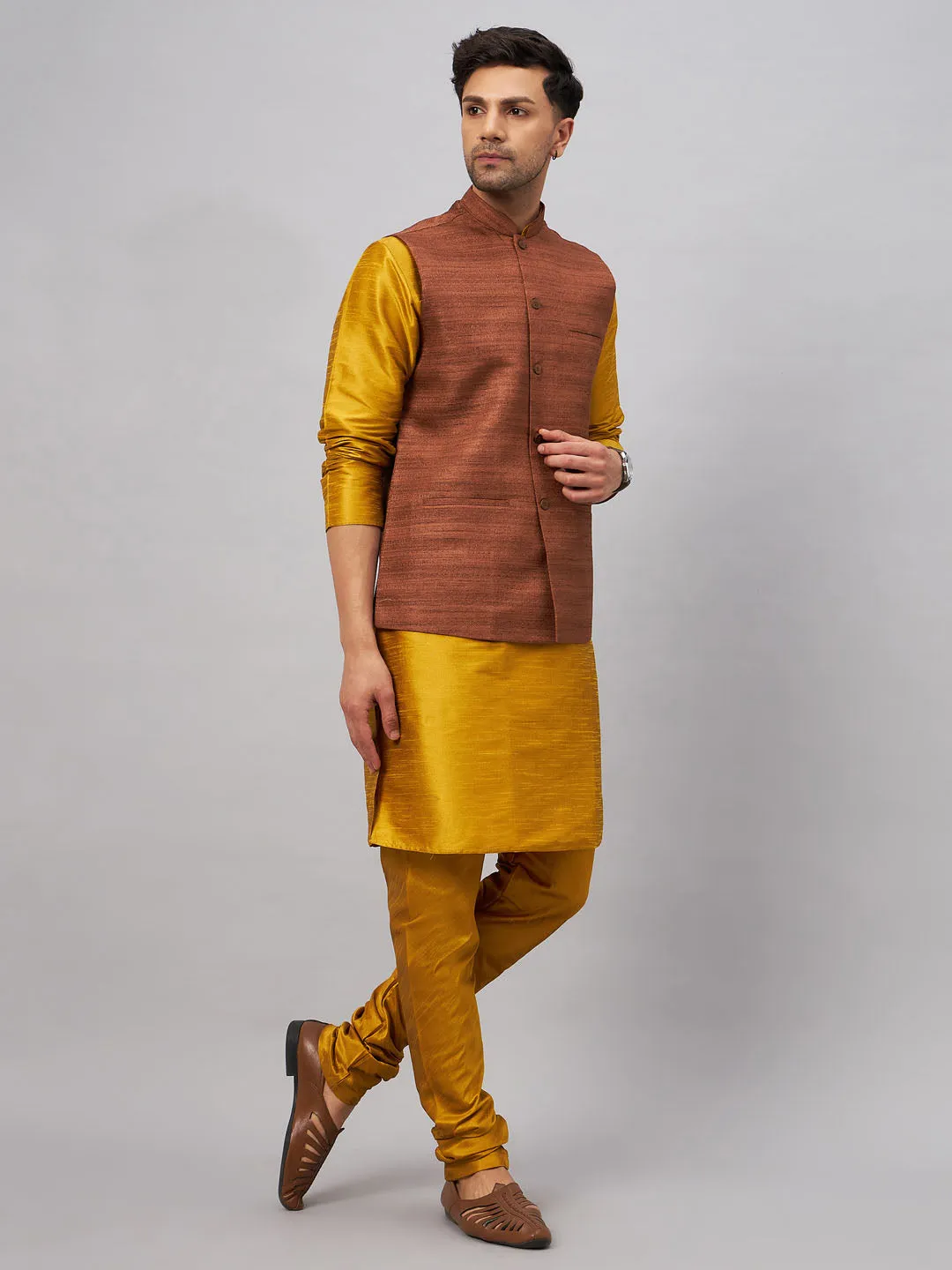 Jashvi Men's Coffee Jacket With Mustard Kurta And Pyjama Set