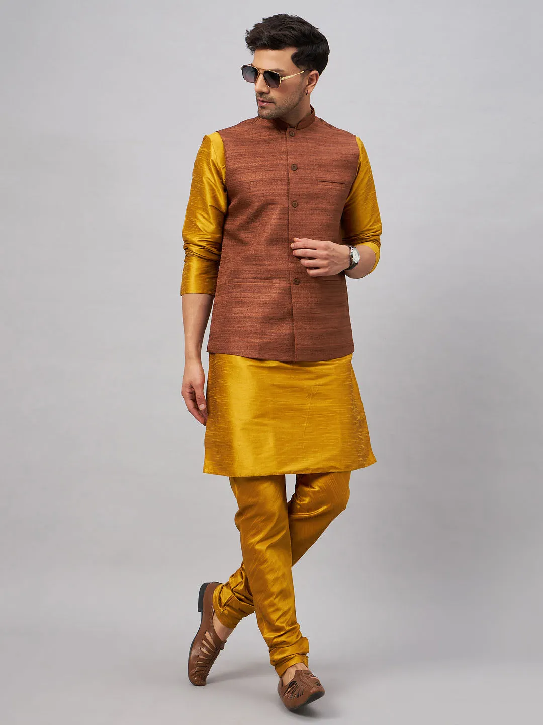 Jashvi Men's Coffee Jacket With Mustard Kurta And Pyjama Set