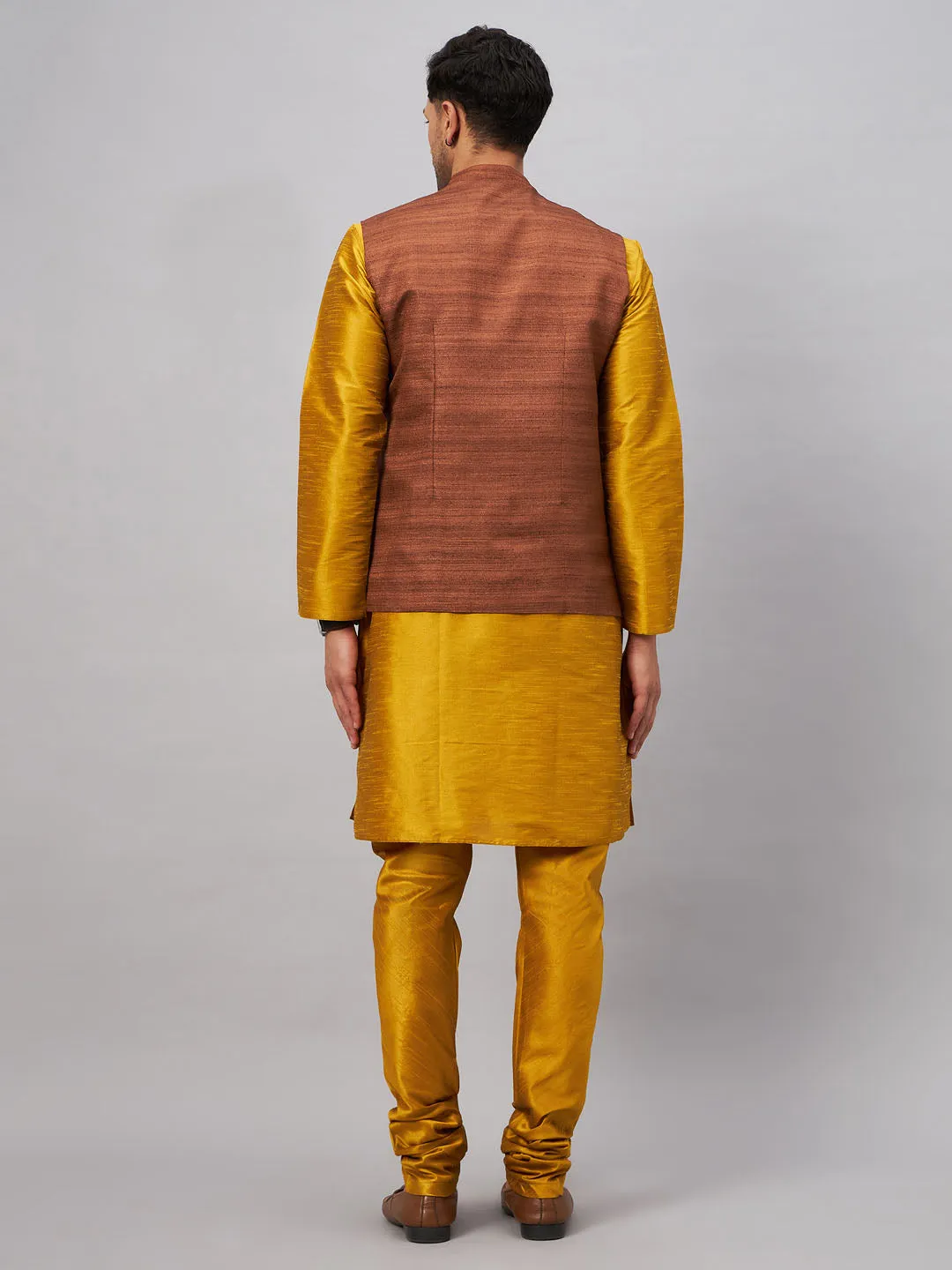 Jashvi Men's Coffee Jacket With Mustard Kurta And Pyjama Set