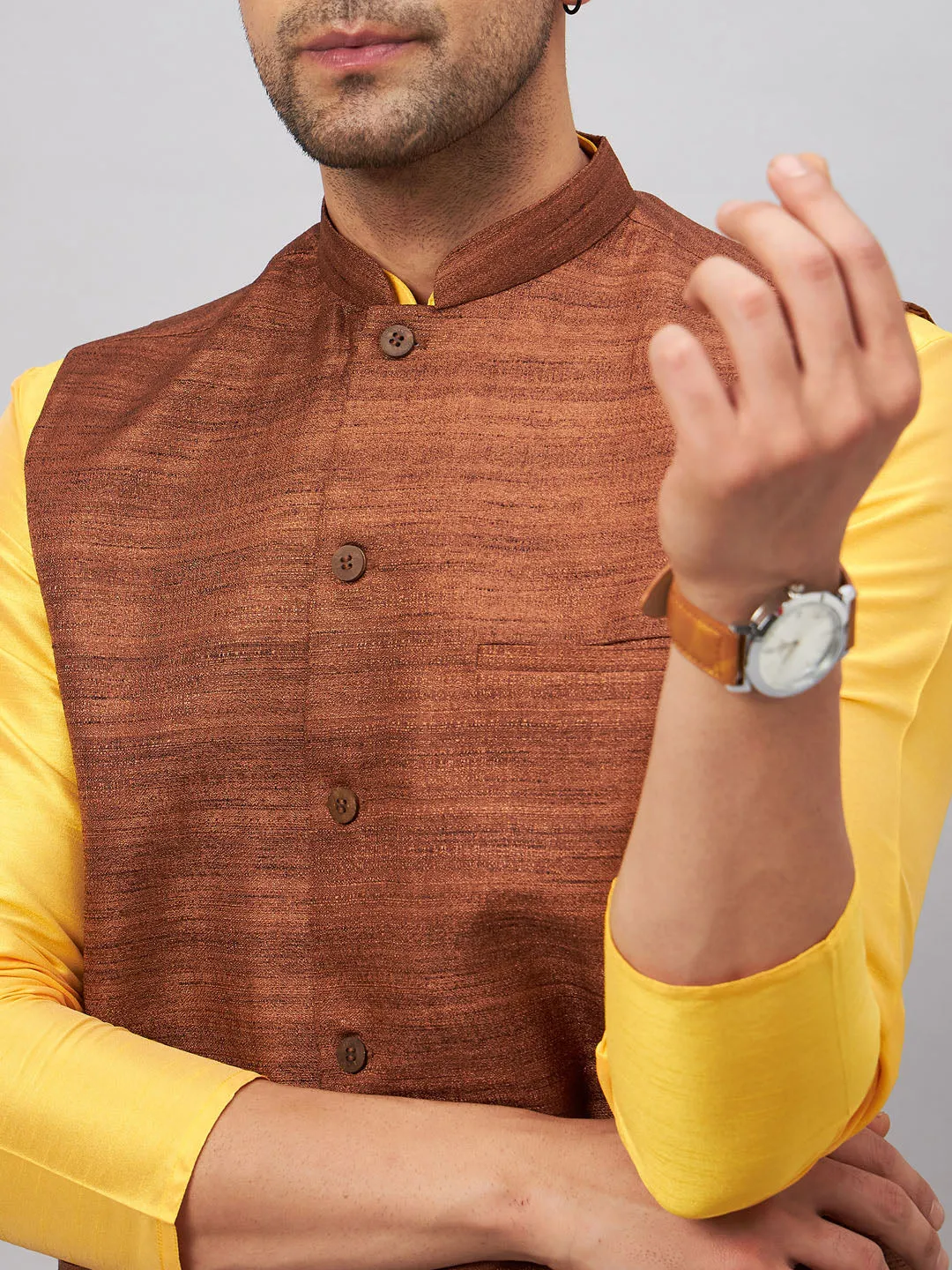 Jashvi Men's Coffee Jacket With Yellow Kurta And Pyjama Set