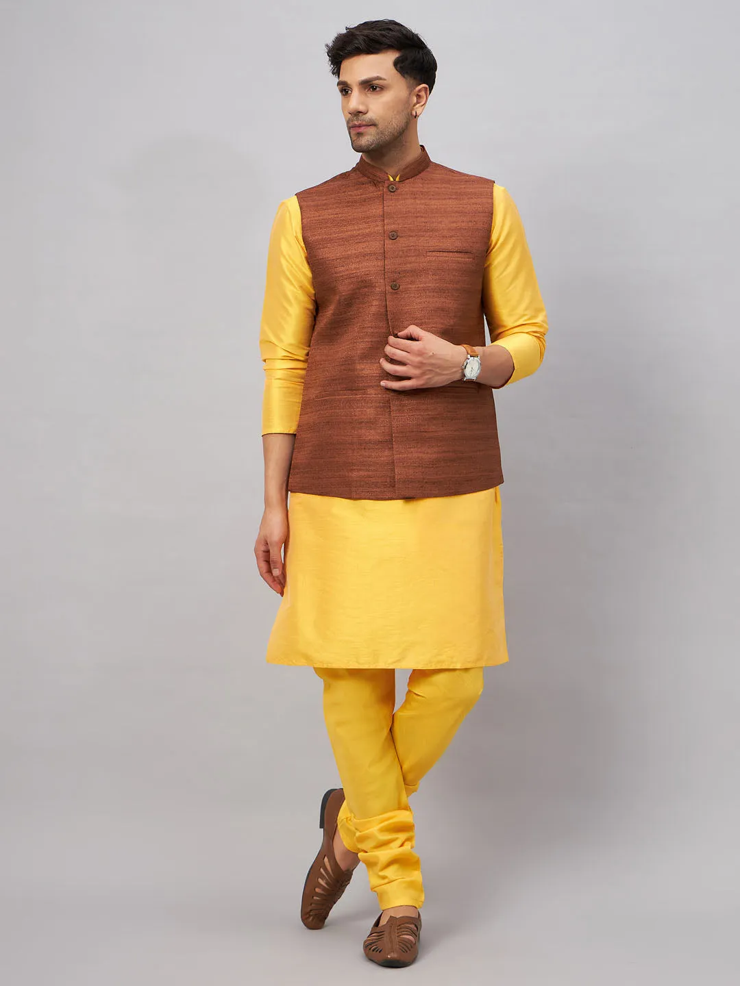 Jashvi Men's Coffee Jacket With Yellow Kurta And Pyjama Set