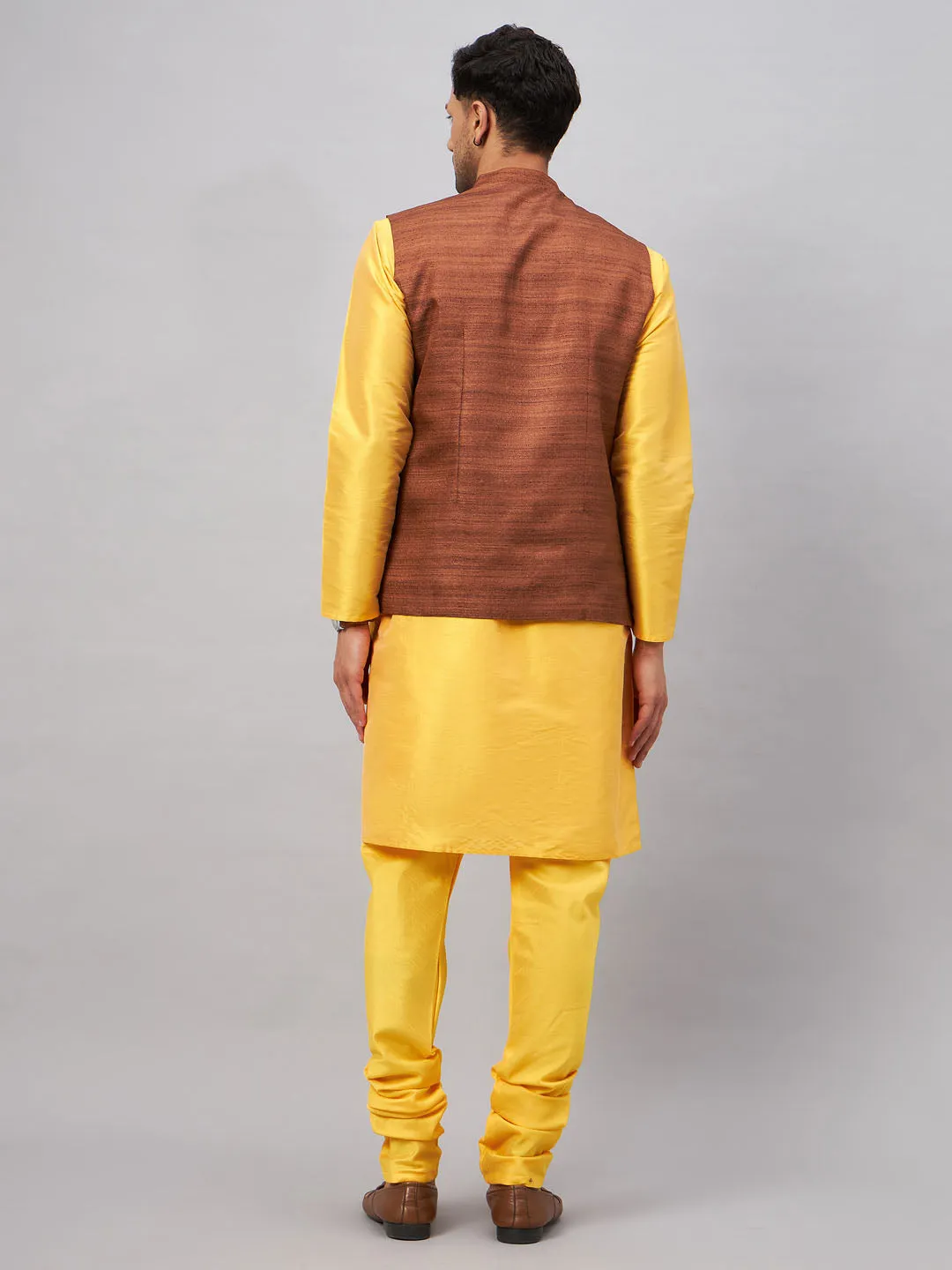 Jashvi Men's Coffee Jacket With Yellow Kurta And Pyjama Set