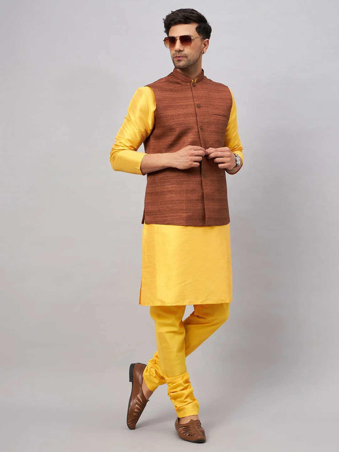 Jashvi Men's Coffee Jacket With Yellow Kurta And Pyjama Set