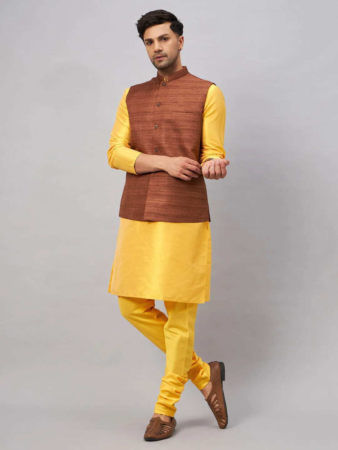 Jashvi Men's Coffee Jacket With Yellow Kurta And Pyjama Set