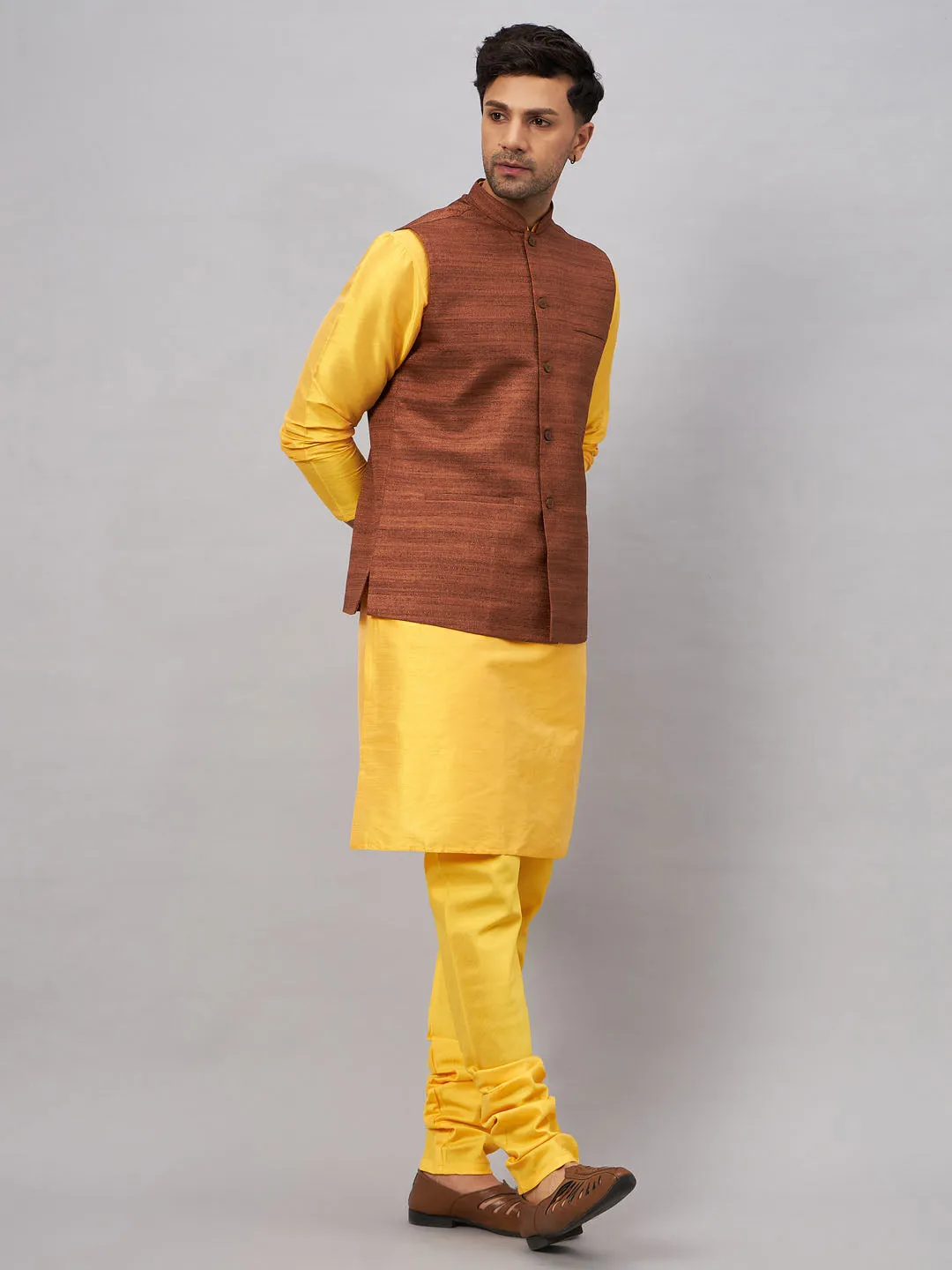 Jashvi Men's Coffee Jacket With Yellow Kurta And Pyjama Set