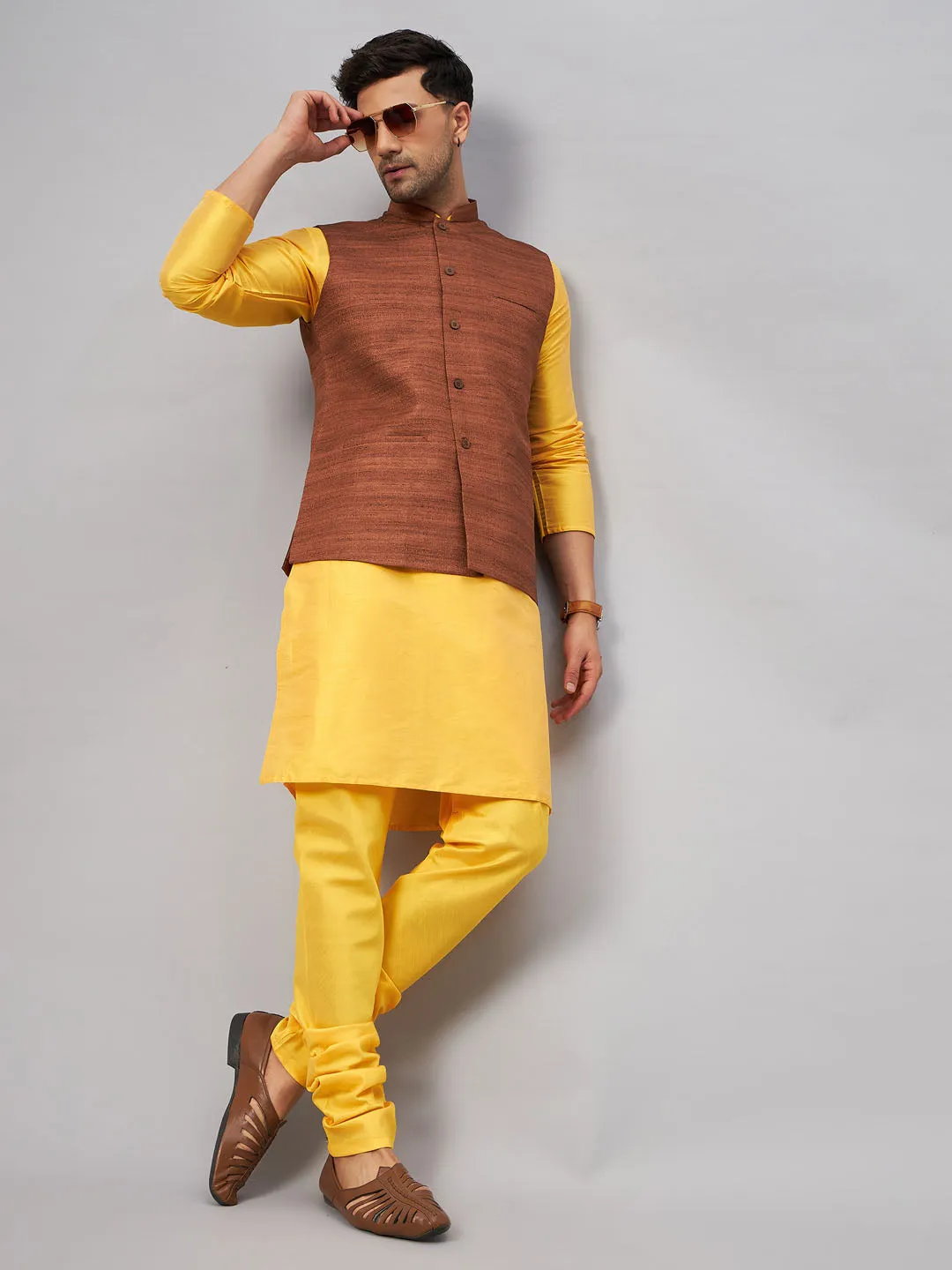 Jashvi Men's Coffee Jacket With Yellow Kurta And Pyjama Set