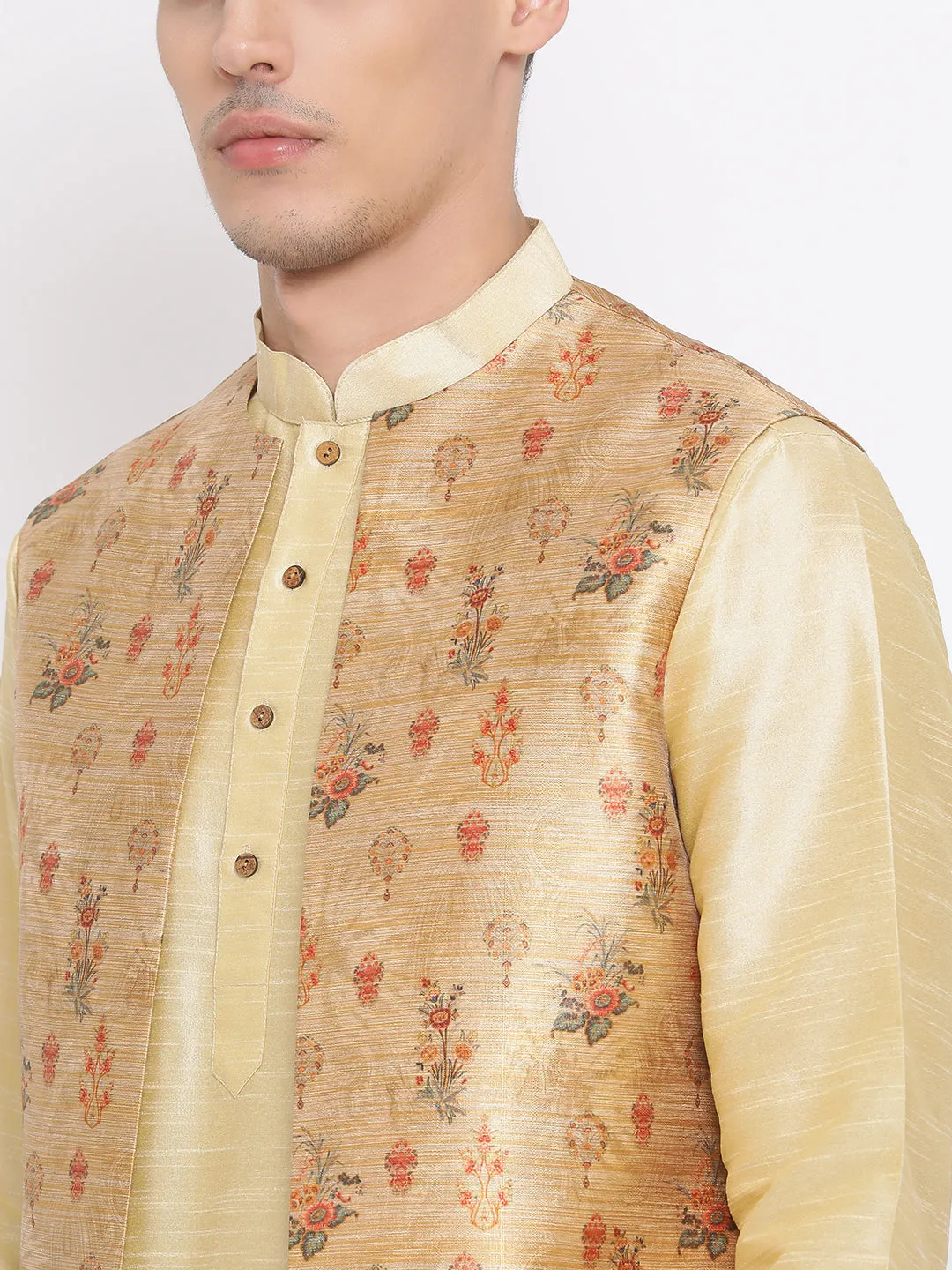 Jashvi Men's Golden Silk Blend Jacket, Kurta and Pyjama Set