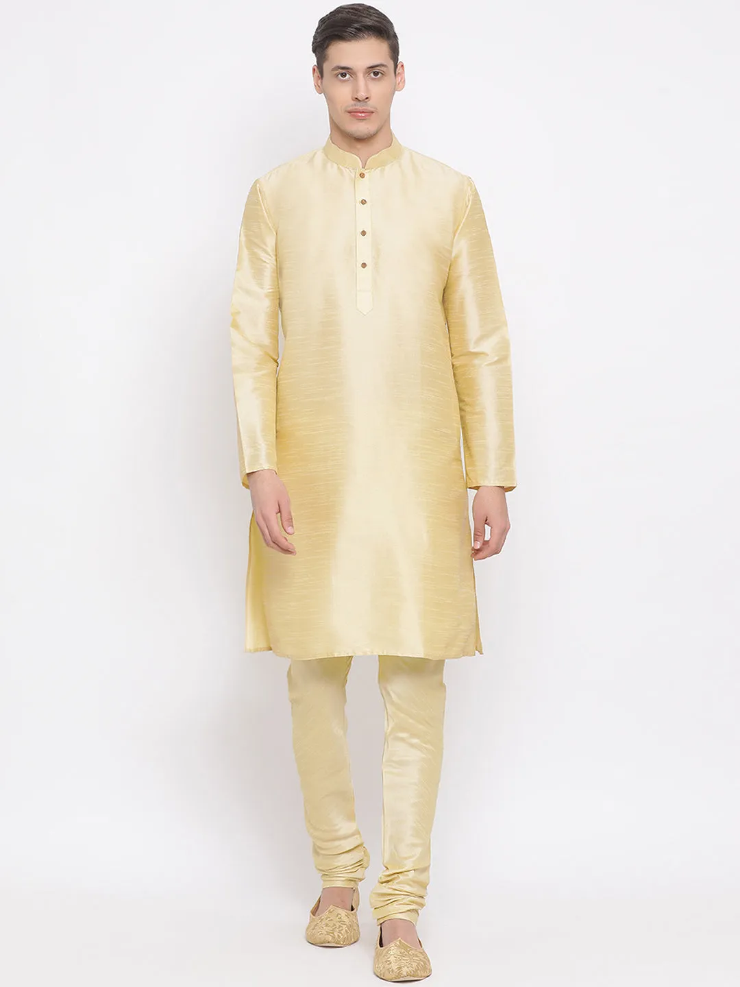 Jashvi Men's Golden Silk Blend Jacket, Kurta and Pyjama Set