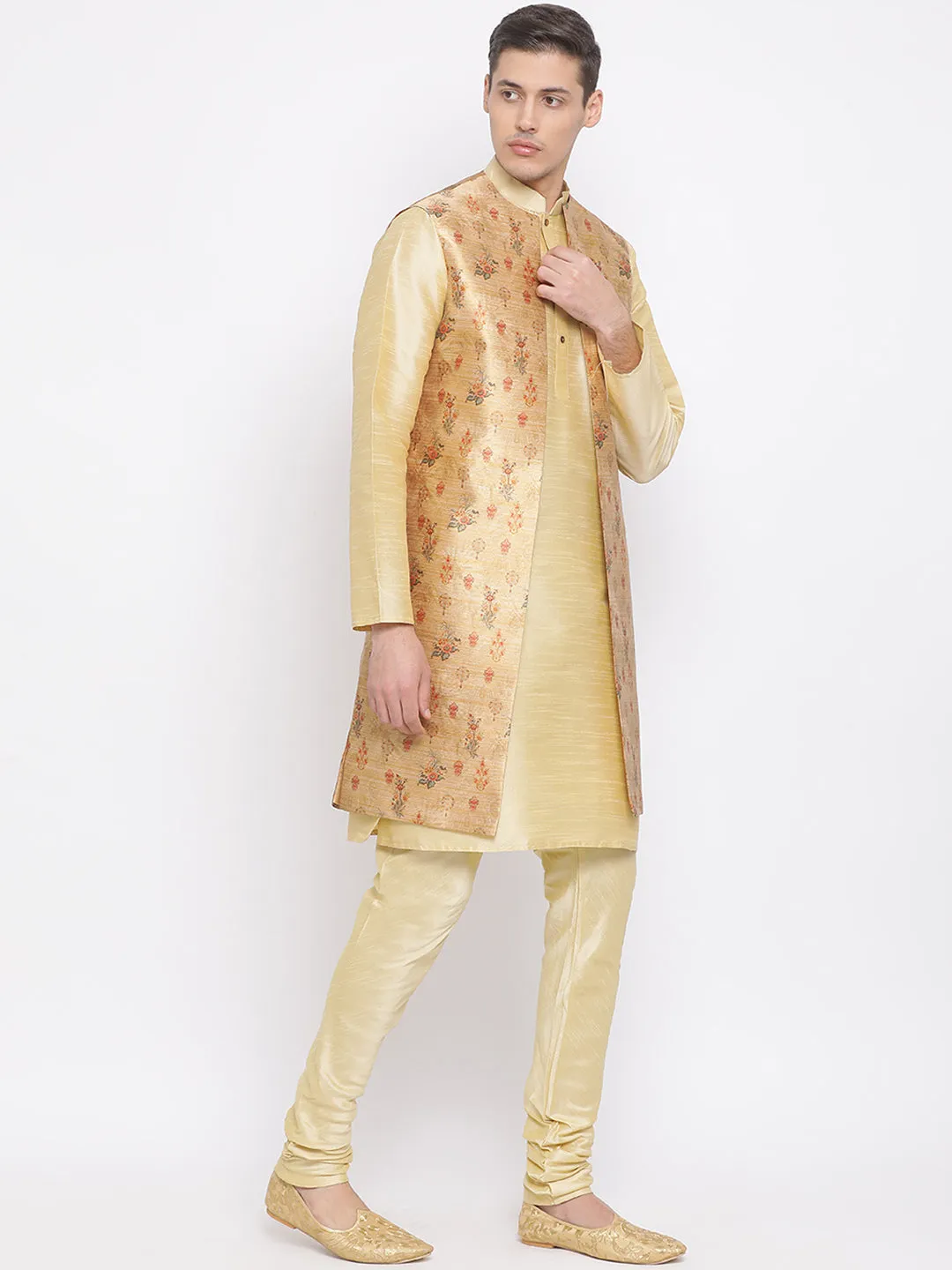 Jashvi Men's Golden Silk Blend Jacket, Kurta and Pyjama Set