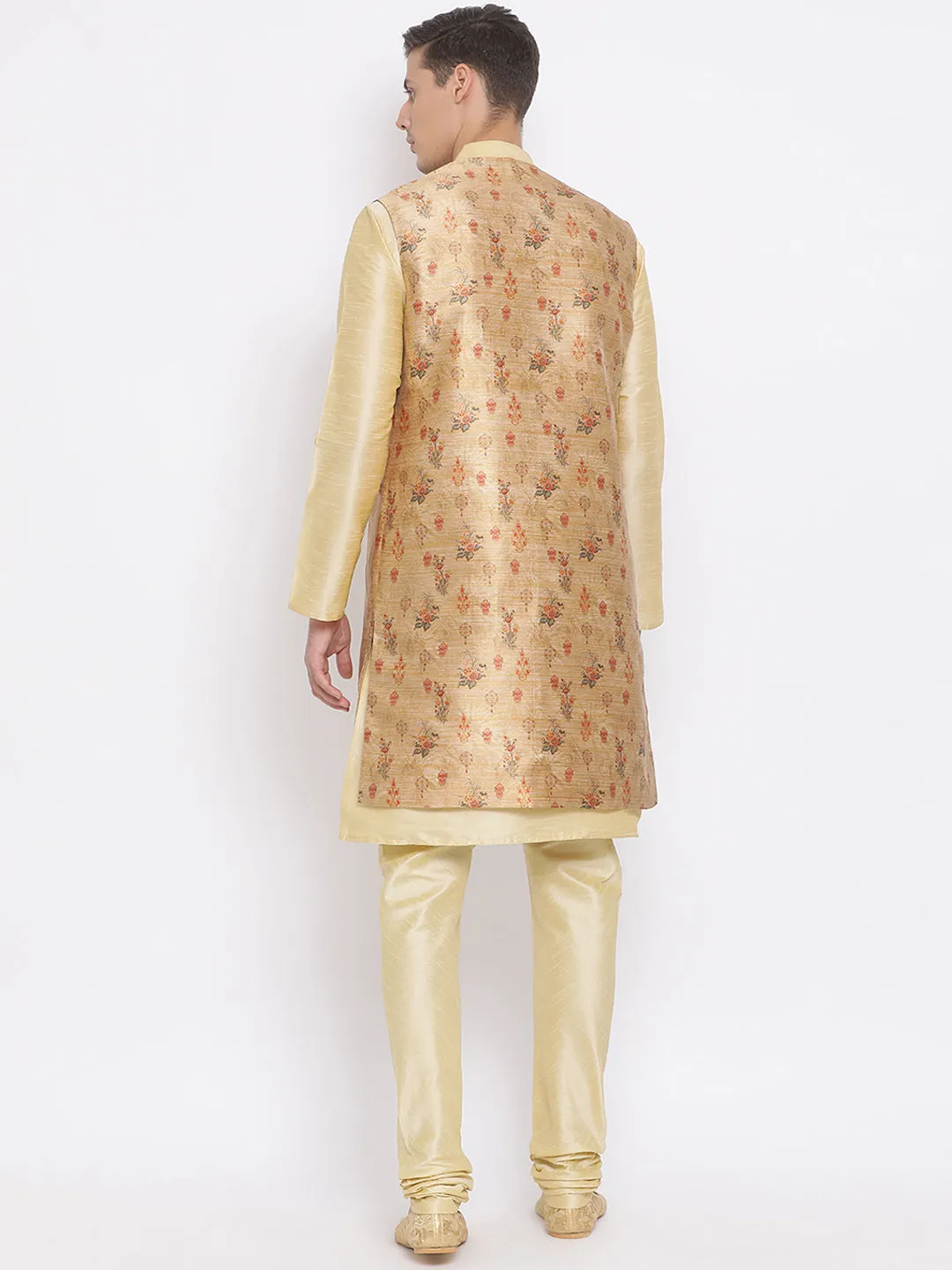 Jashvi Men's Golden Silk Blend Jacket, Kurta and Pyjama Set