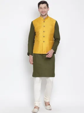 Jashvi Men's Green Cotton Blend Kurta, Ethnic Jacket and Pyjama Set