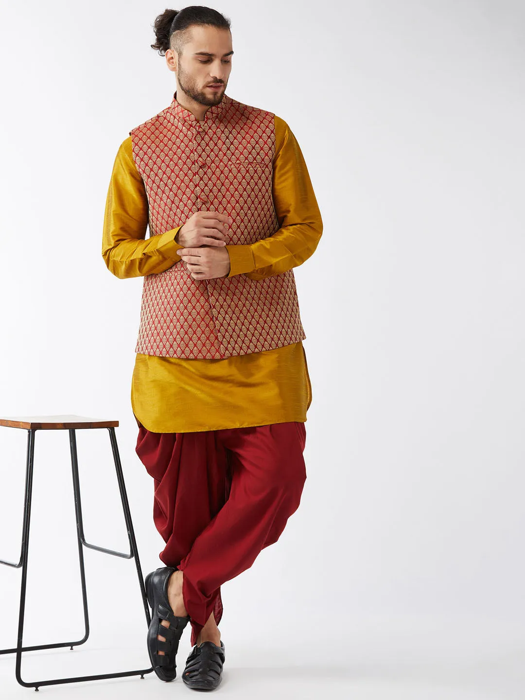 Jashvi Men's Maroon Banarasi Jacket With Mustard Silk Kurta and Dhoti Set