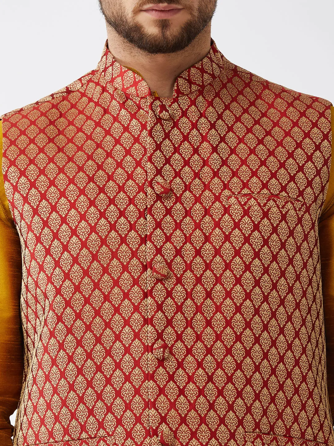 Jashvi Men's Maroon Banarasi Jacket With Mustard Silk Kurta and Dhoti Set